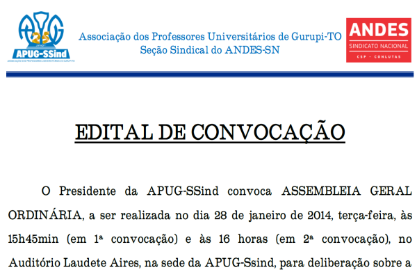 Apug-SSind realizará assembleia dia 28 de janeiro