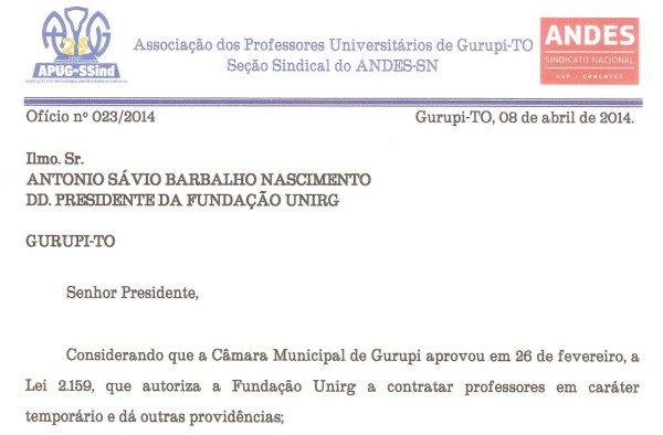 Apug-Ssind cobra cumprimento da lei por parte da presidência da Fundação Unirg