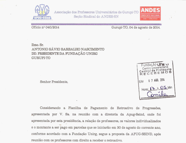 APUG-SSIND encaminha proposta de parcelamento de retroativos de progressões