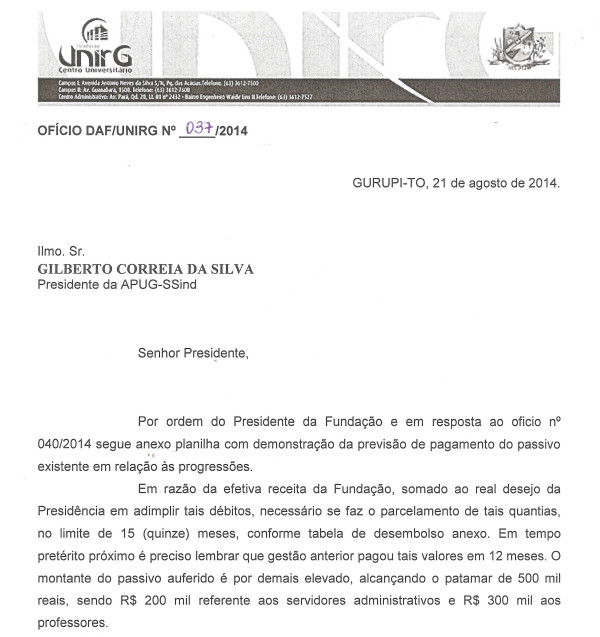 Fundação Unirg envia contraproposta para pagamento de retroativo