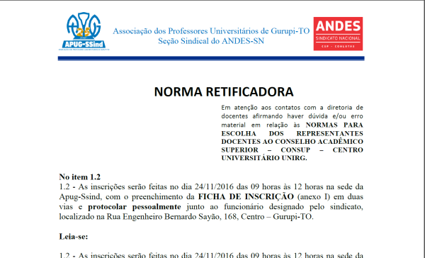 Apug-Ssind publica retificação das Normas para Eleições do Conselho Acadêmico Superior da Unirg