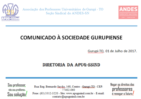 COMUNICADO APUG À SOCIEDADE GURUPIENSE