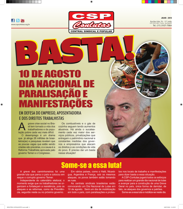 10 de Agosto – Dia Nacional de Paralisação e Manifestações