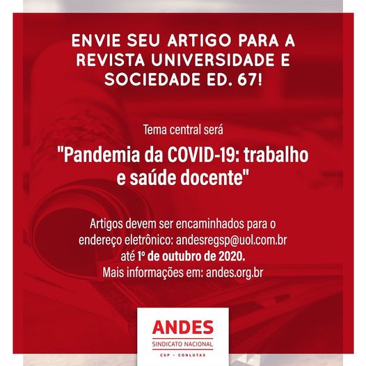 “Pandemia da Covid-19: trabalho e saúde docente” é tema da próxima Universidade e Sociedade