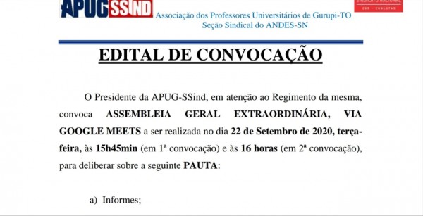 Apug convoca assembleia extraordinária Remota para o dia 22 de setembro
