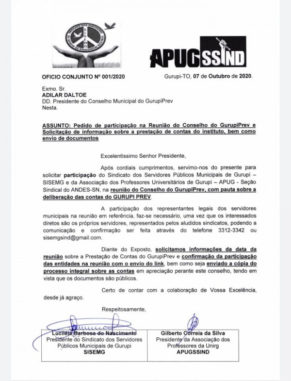 Apug e Sisemg protocolam ofício junto ao Conselho do GurupiPrev
