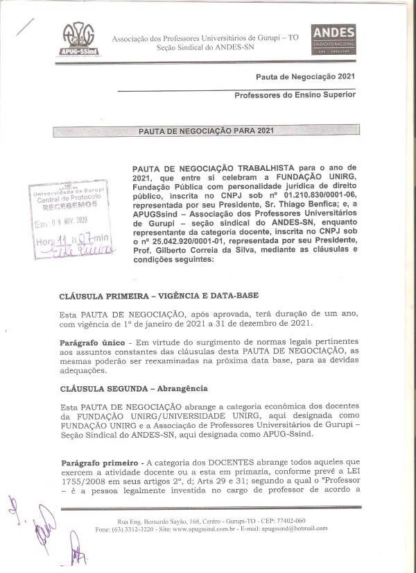 ApugSsind protocola pauta de reivindicações docente para 2021 na Fundação Unirg