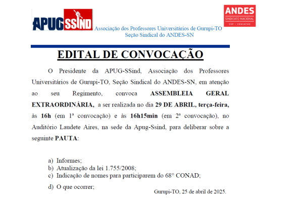 DIA 29 DE ABRIL, TERÇA-FEIRA , TEM ASSEMBLEIA GERAL DA APUG, ÁS 16H