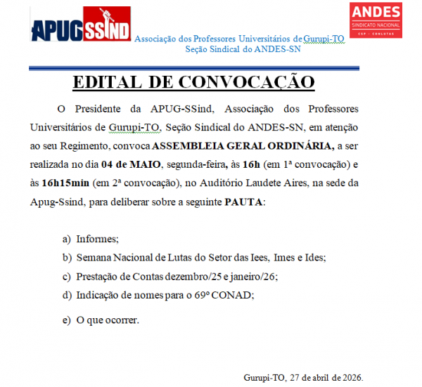 APUG-SSind convoca Assembleia Geral Ordinária para 4 de maio em Gurupi