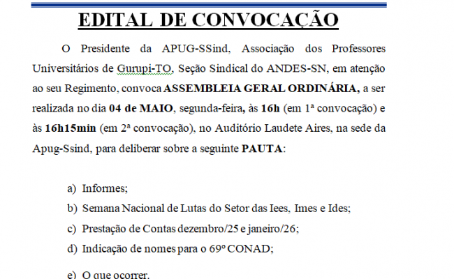 APUG-SSind convoca Assembleia Geral Ordinária para 4 de maio em Gurupi