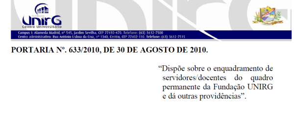 Portaria 633/2010 Enquadramento Docente no Regime de Trabalho