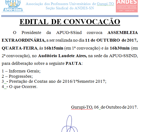 Edital Convocação Assembleia Extraordinária Apug-Ssind