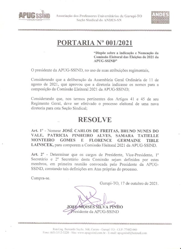 Definida Comissão Eleitoral para nova diretoria da APUG-SSIND