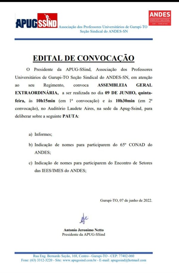 APUG CONVOCA ASSEMBLEIA GERAL PARA ESTA QUINTA FEIRA NO AUDITÓRIO LAUDETE AIRES