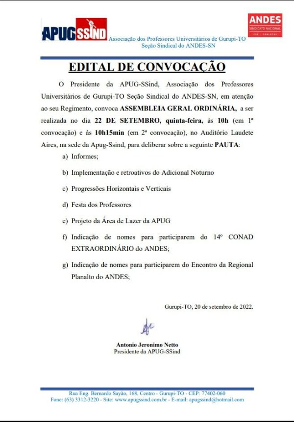 APUG CONVOCA ASSEMBLEIA GERAL PARA O DIA 22 DE SETEMBRO
