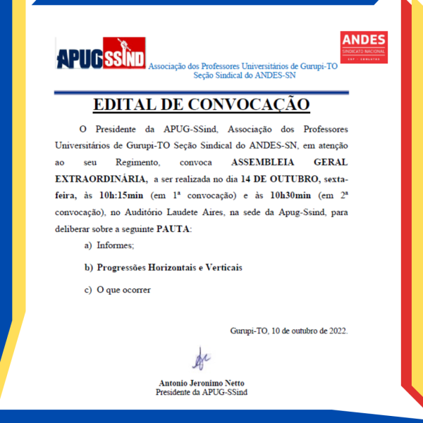 APUG REALIZA ASSEMBLEIA EXTRAORDINÁRIA NO DIA 14 DE OUTUBRO