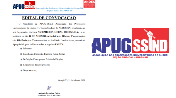Apug Ssind convoca Assembleia Geral Ordinária para o dia 04 de agosto