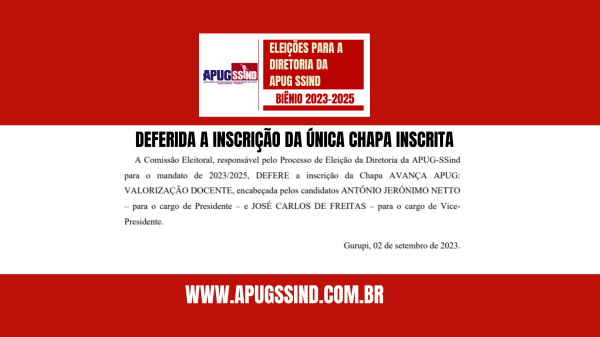 Comissão Eleitoral defere única chapa inscrita para eleição da Apug-Ssind