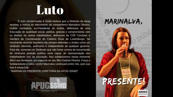 Apug lamenta morte de Marinalva Oliveira, ex-presidenta do Andes-SN