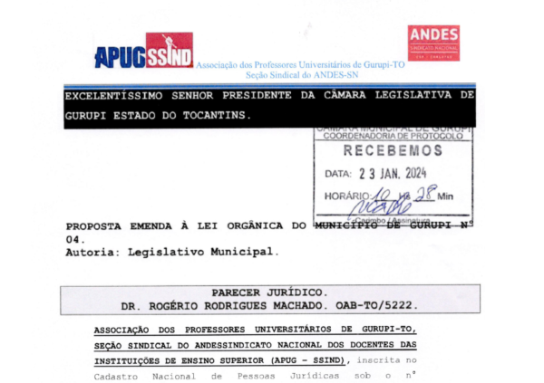 APUG PROTOCOLA PARECER JURÍDICO NA CÂMARA