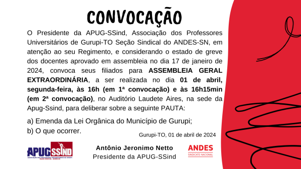 Apug convoca Assembleia Geral para este Dia 01 de Abril de 2024