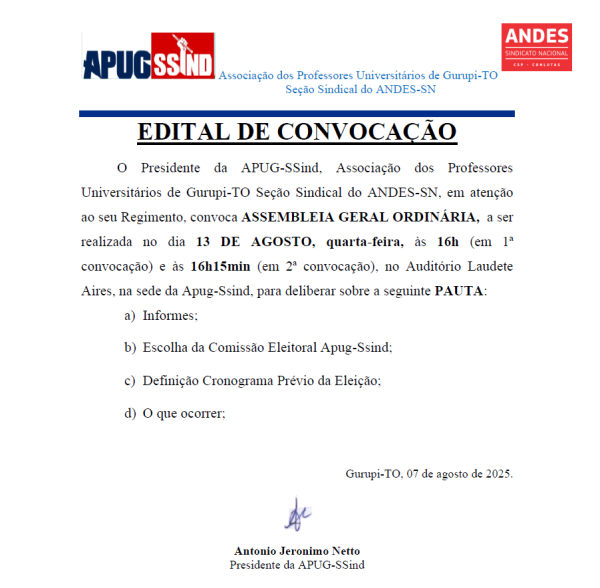 APUG-SSind convoca assembleia para escolha da comissão eleitoral