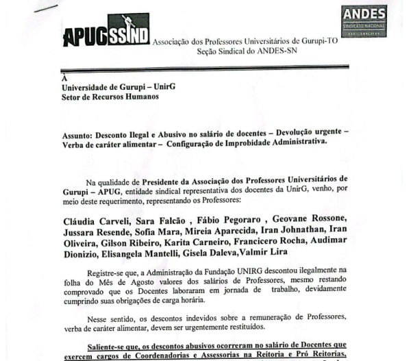 APUG protocolou dois requerimentos solicitando a imediata devolução dos descontos indevidos, do teto constitucional e das horas de assessorias